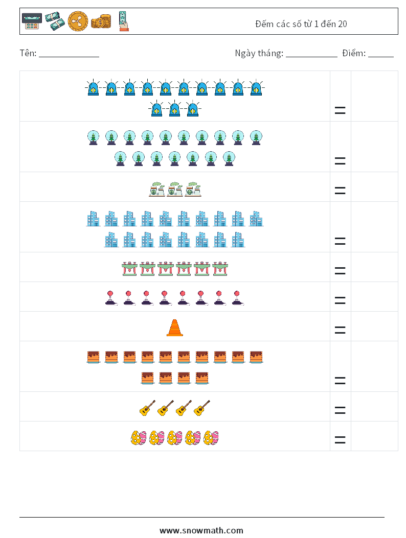 Đếm các số từ 1 đến 20 Bảng tính toán học 5