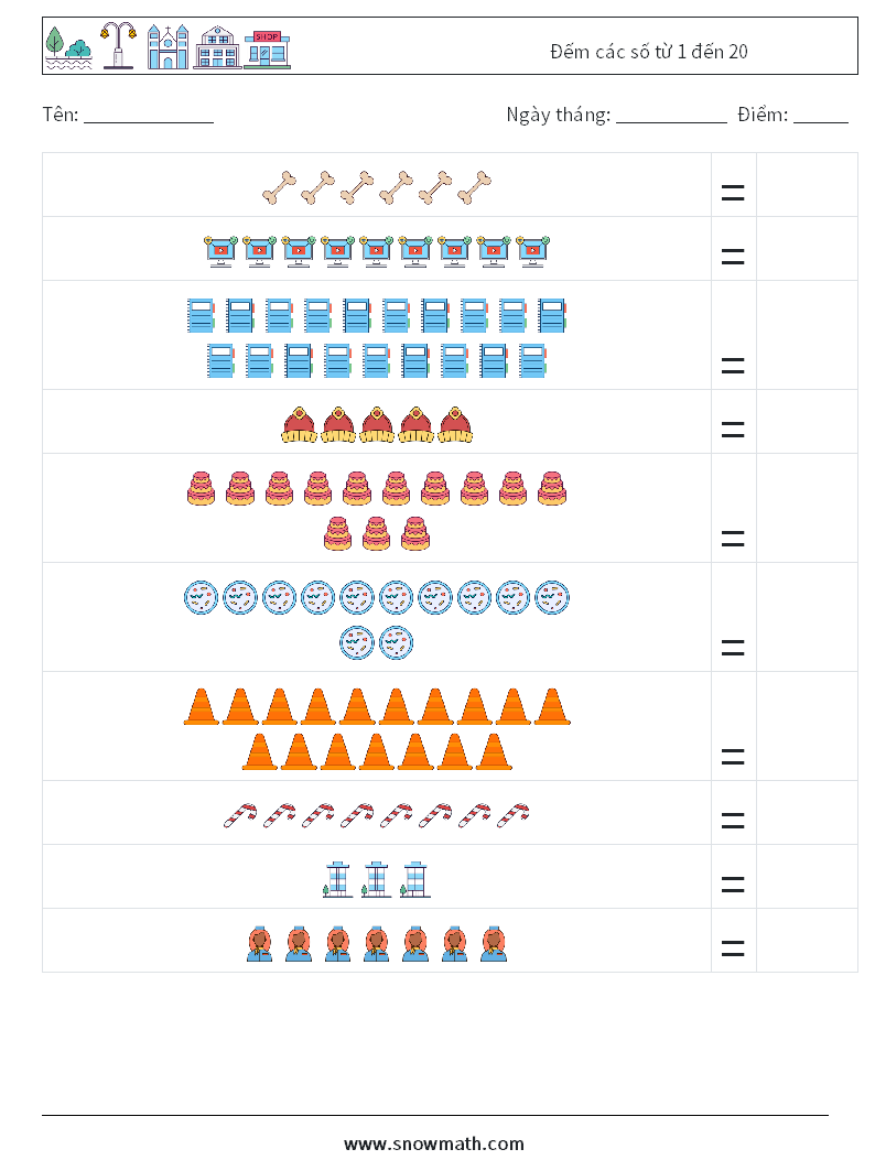 Đếm các số từ 1 đến 20 Bảng tính toán học 6