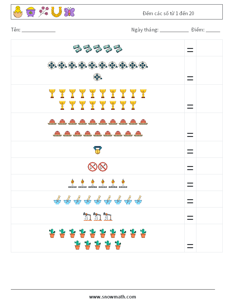 Đếm các số từ 1 đến 20 Bảng tính toán học 7