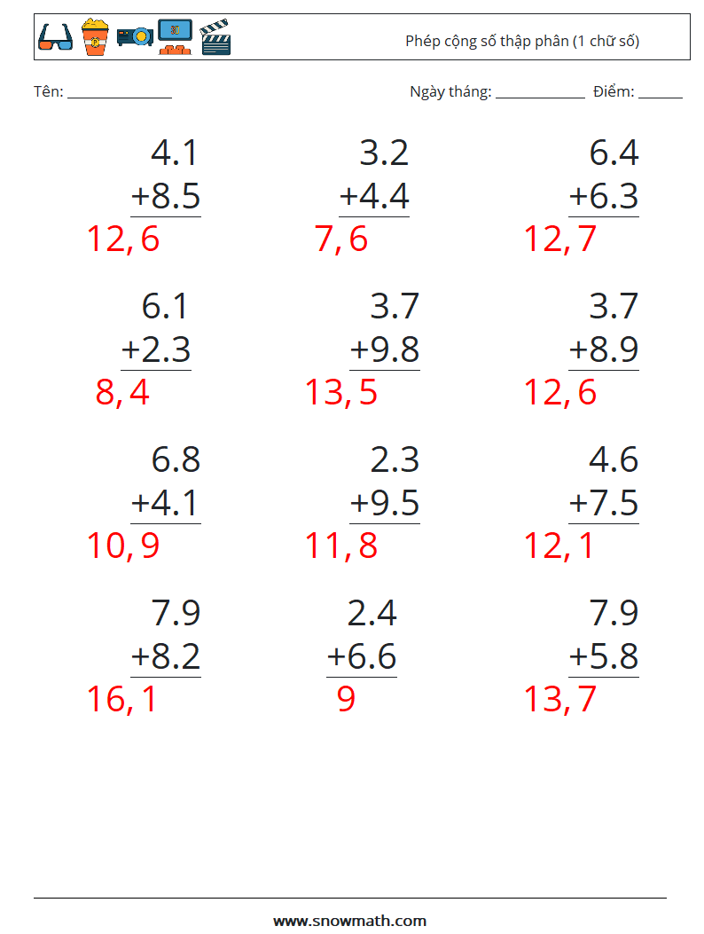 (12) Phép cộng số thập phân (1 chữ số) Bảng tính toán học 13 Câu hỏi, câu trả lời