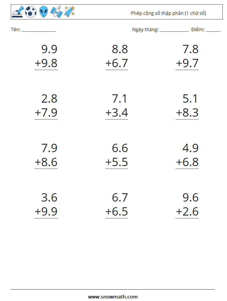 (12) Phép cộng số thập phân (1 chữ số) Bảng tính toán học 2