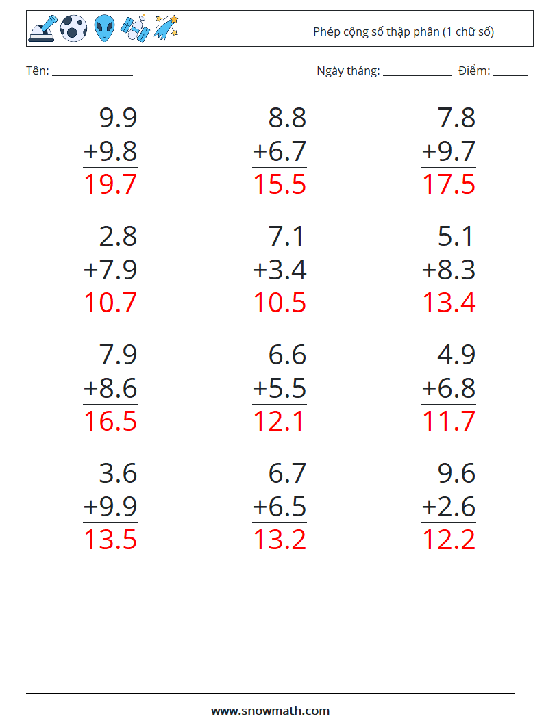 (12) Phép cộng số thập phân (1 chữ số) Bảng tính toán học 2 Câu hỏi, câu trả lời