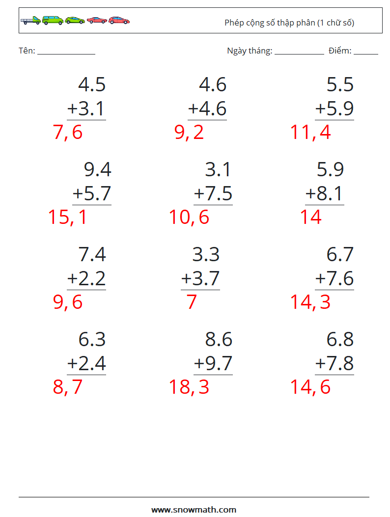 (12) Phép cộng số thập phân (1 chữ số) Bảng tính toán học 9 Câu hỏi, câu trả lời
