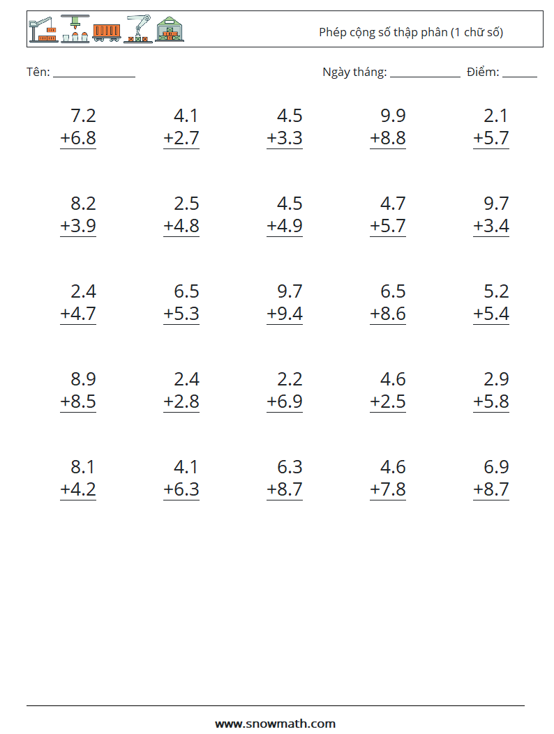 (25) Phép cộng số thập phân (1 chữ số) Bảng tính toán học 10
