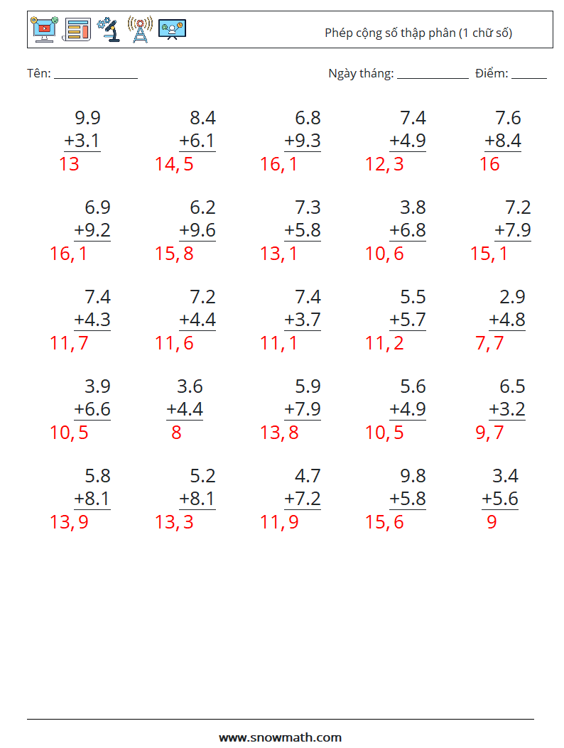(25) Phép cộng số thập phân (1 chữ số) Bảng tính toán học 13 Câu hỏi, câu trả lời