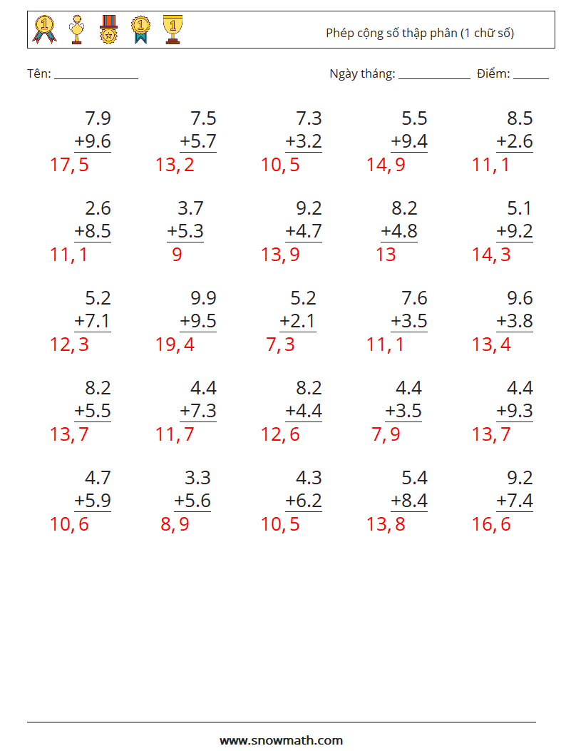 (25) Phép cộng số thập phân (1 chữ số) Bảng tính toán học 17 Câu hỏi, câu trả lời