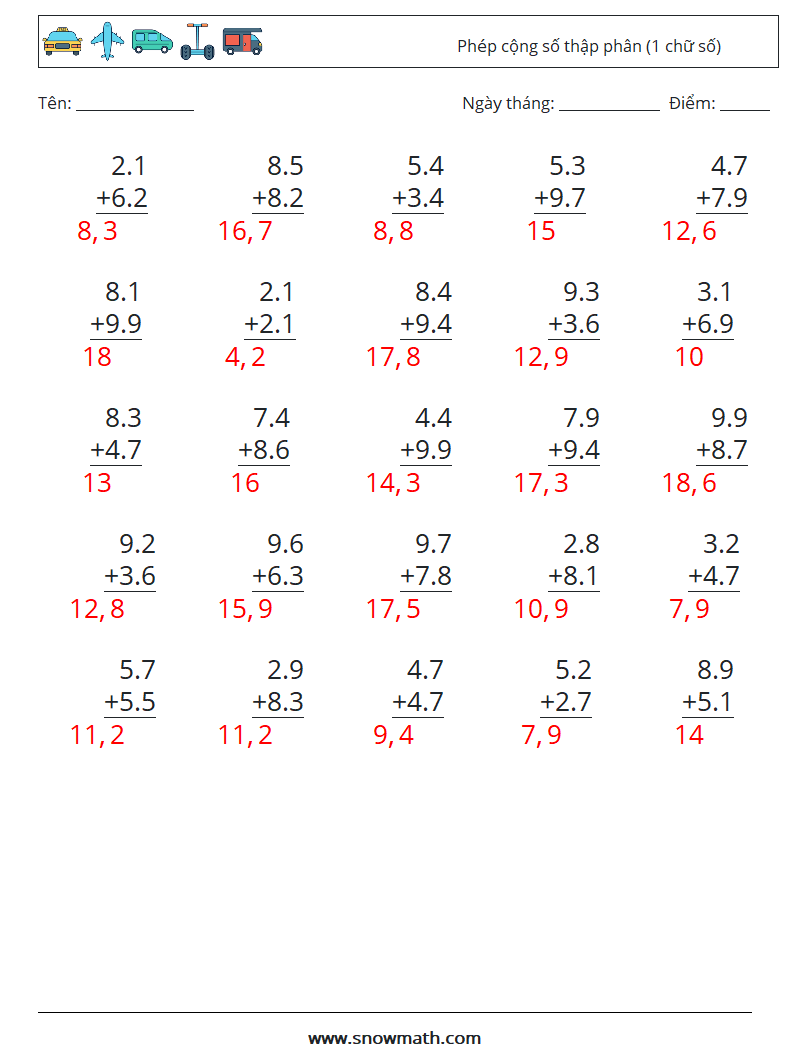 (25) Phép cộng số thập phân (1 chữ số) Bảng tính toán học 5 Câu hỏi, câu trả lời