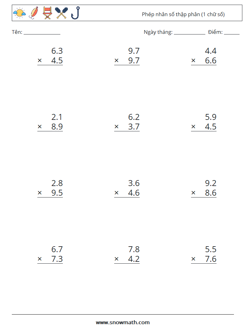 (12) Phép nhân số thập phân (1 chữ số) Bảng tính toán học 11