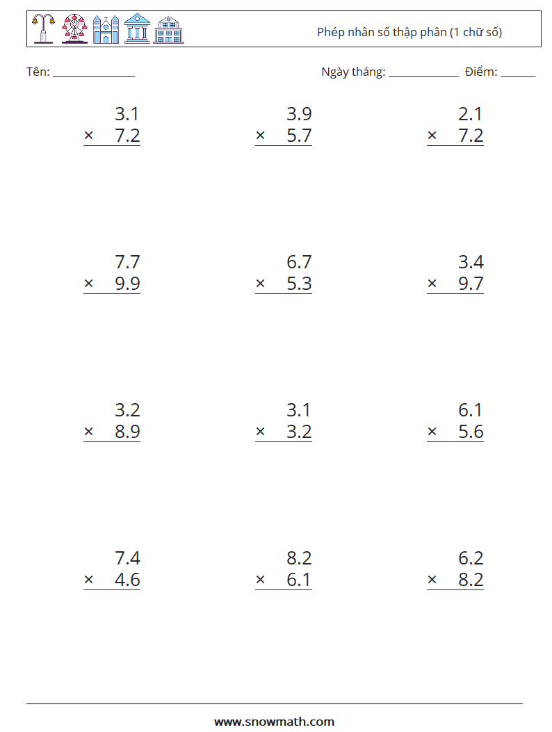 (12) Phép nhân số thập phân (1 chữ số) Bảng tính toán học 13
