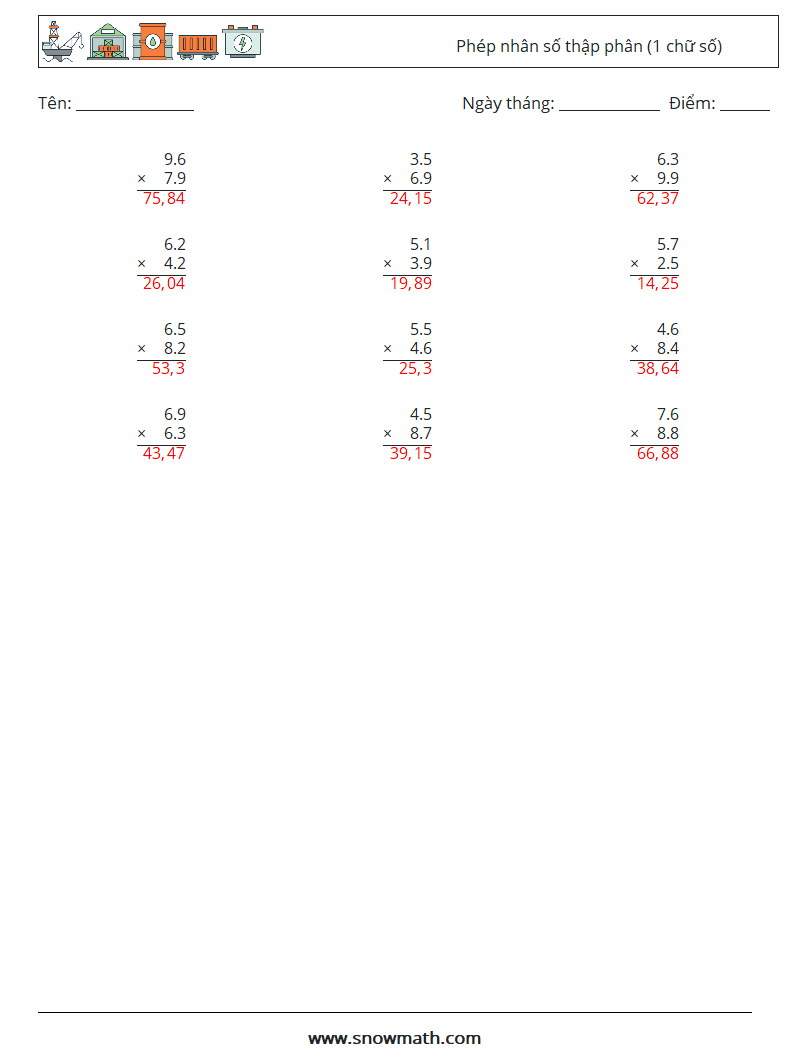 (12) Phép nhân số thập phân (1 chữ số) Bảng tính toán học 16 Câu hỏi, câu trả lời