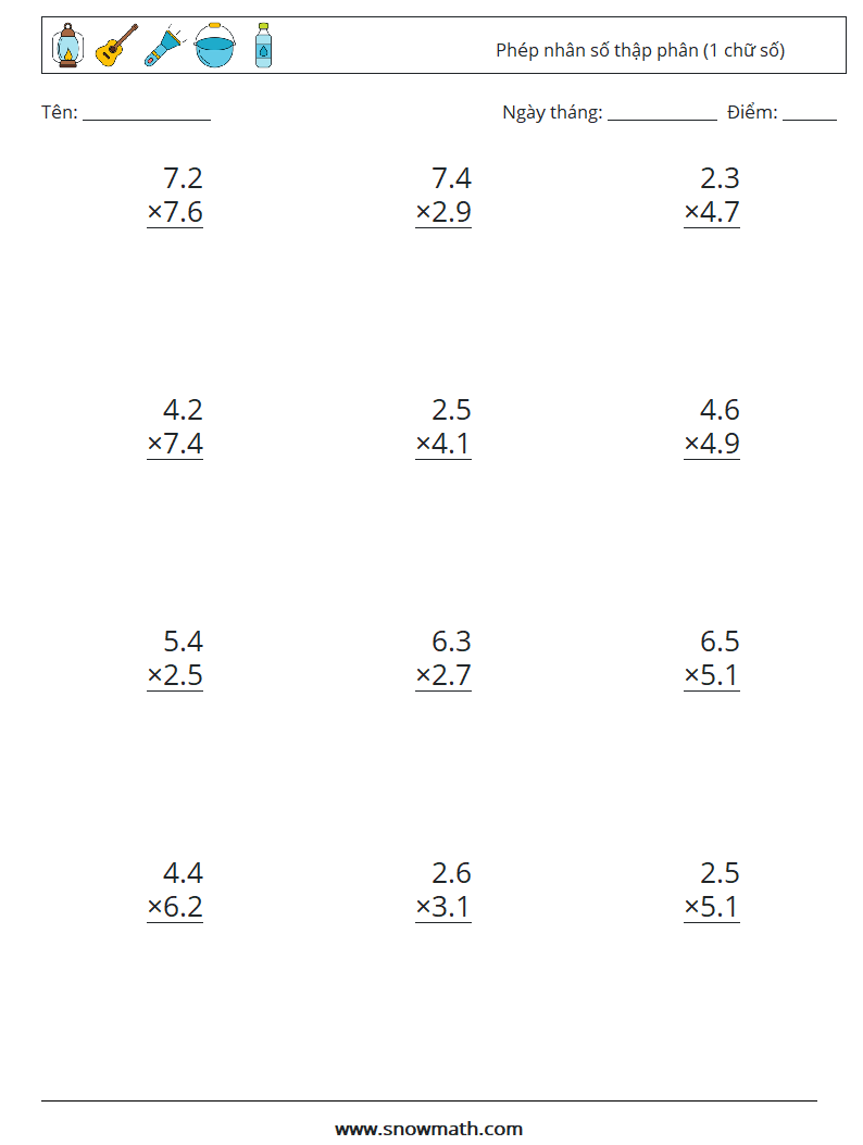 (12) Phép nhân số thập phân (1 chữ số) Bảng tính toán học 2