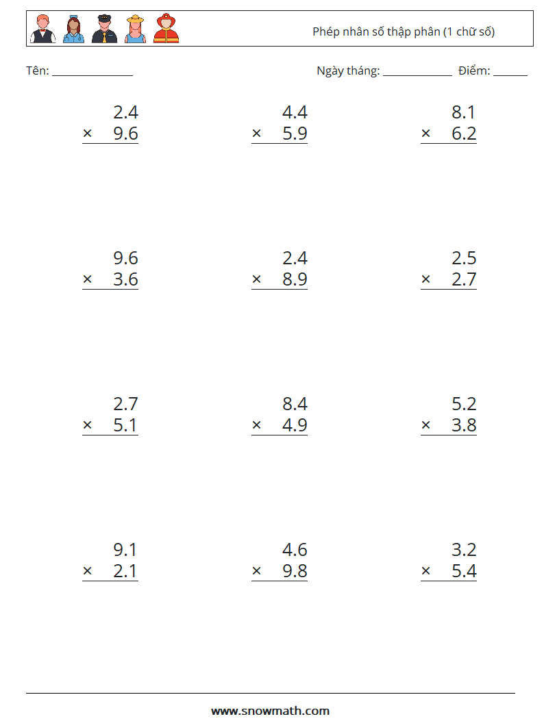 (12) Phép nhân số thập phân (1 chữ số) Bảng tính toán học 3
