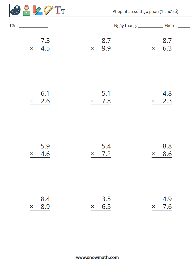 (12) Phép nhân số thập phân (1 chữ số) Bảng tính toán học 4