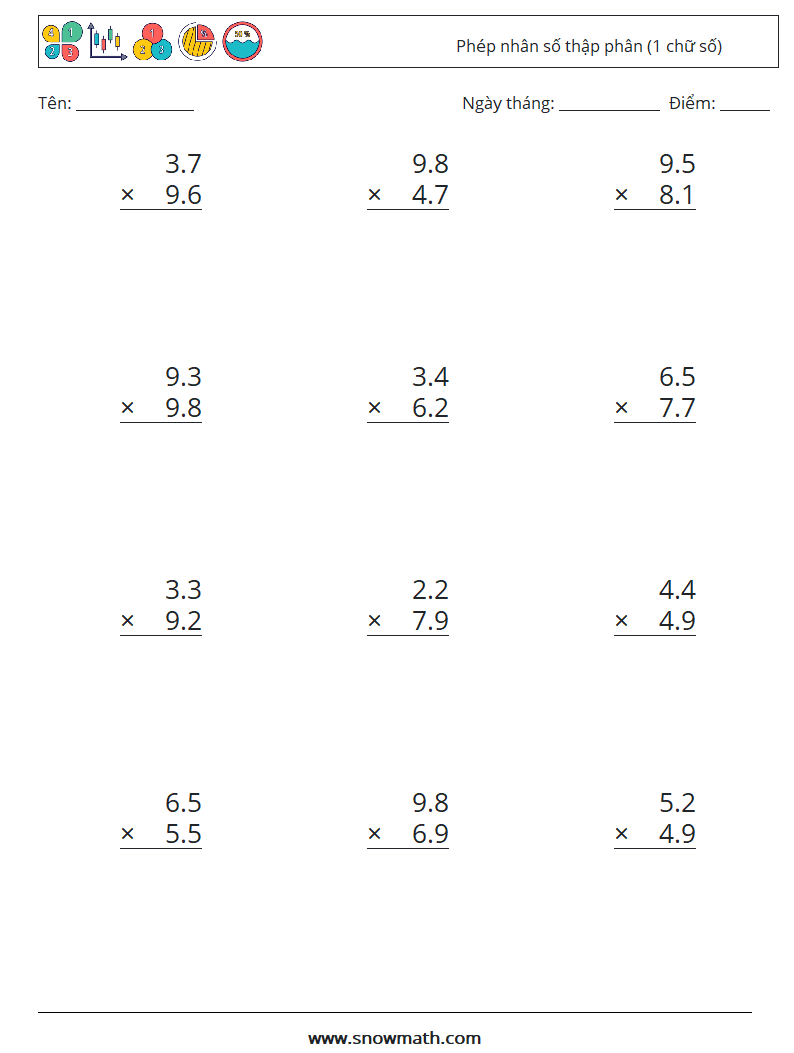 (12) Phép nhân số thập phân (1 chữ số) Bảng tính toán học 5