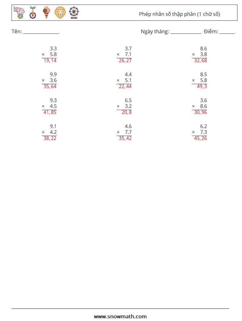 (12) Phép nhân số thập phân (1 chữ số) Bảng tính toán học 6 Câu hỏi, câu trả lời