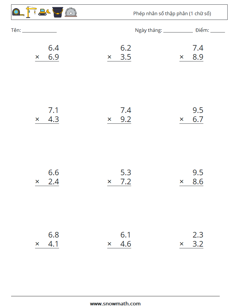 (12) Phép nhân số thập phân (1 chữ số) Bảng tính toán học 7