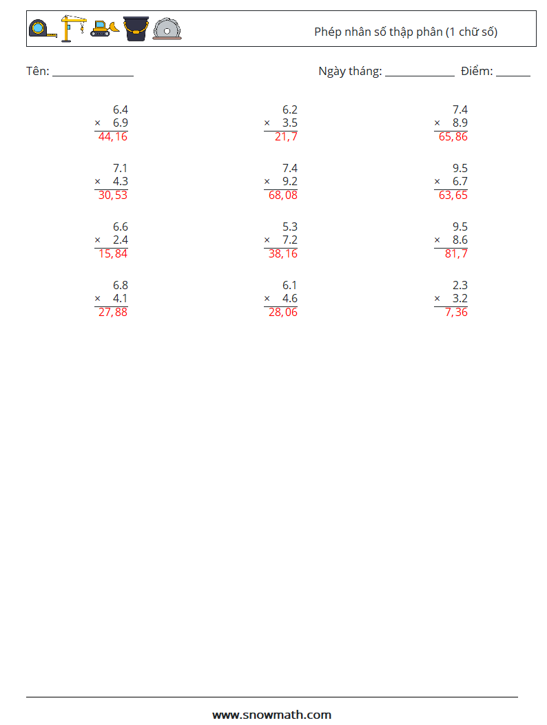(12) Phép nhân số thập phân (1 chữ số) Bảng tính toán học 7 Câu hỏi, câu trả lời