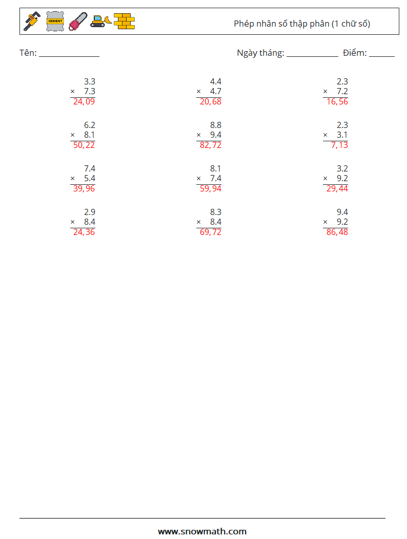 (12) Phép nhân số thập phân (1 chữ số) Bảng tính toán học 8 Câu hỏi, câu trả lời