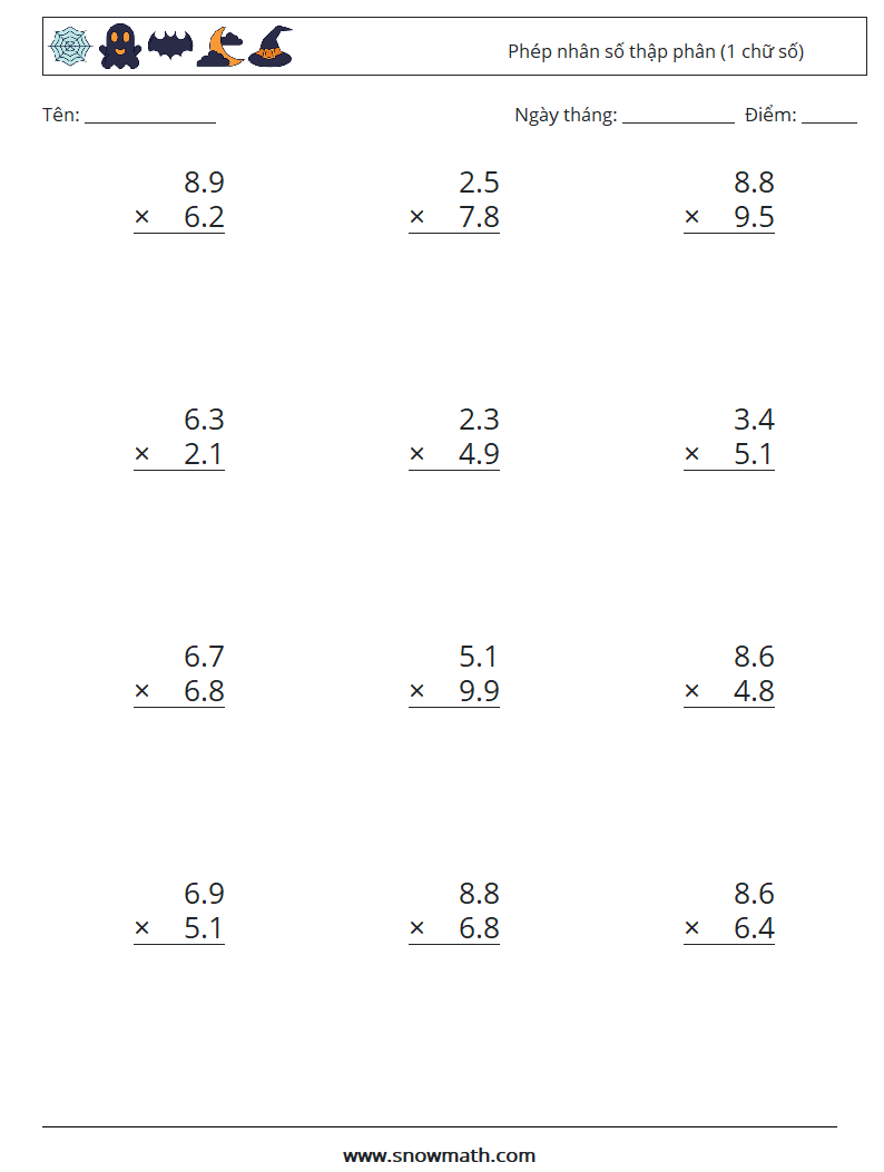 (12) Phép nhân số thập phân (1 chữ số) Bảng tính toán học 9
