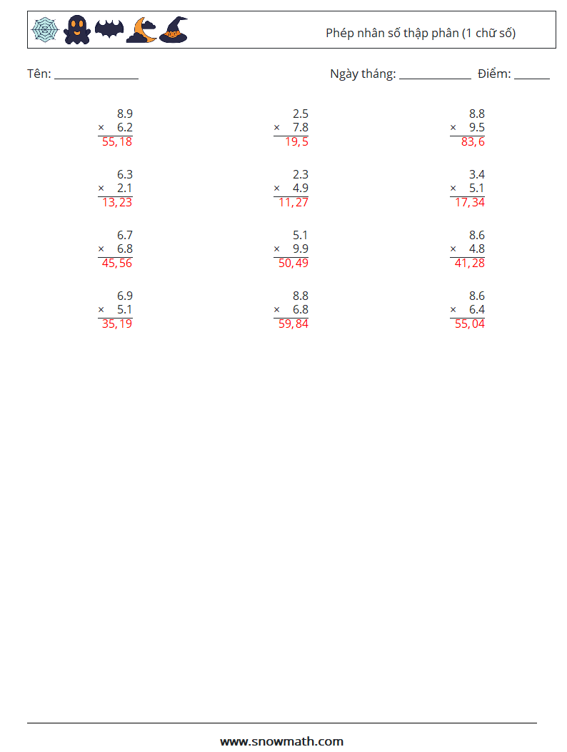 (12) Phép nhân số thập phân (1 chữ số) Bảng tính toán học 9 Câu hỏi, câu trả lời