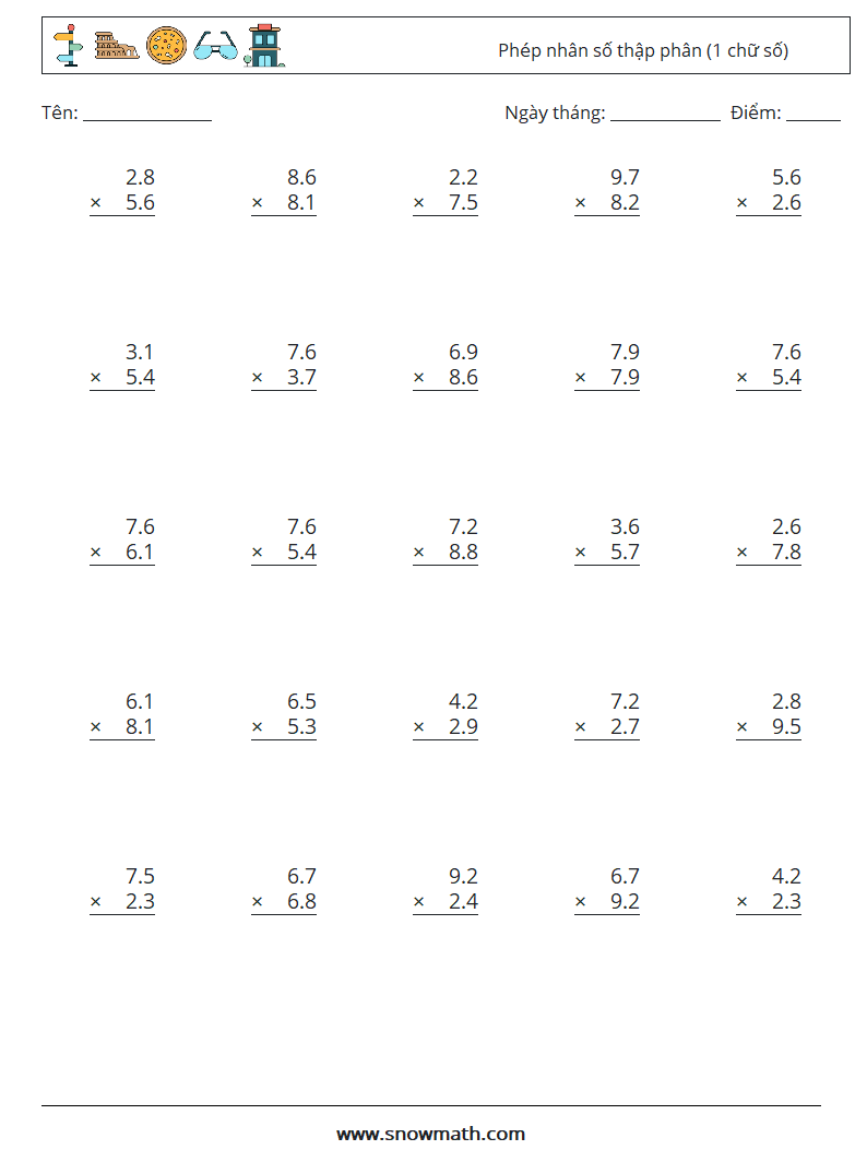 (25) Phép nhân số thập phân (1 chữ số) Bảng tính toán học 12