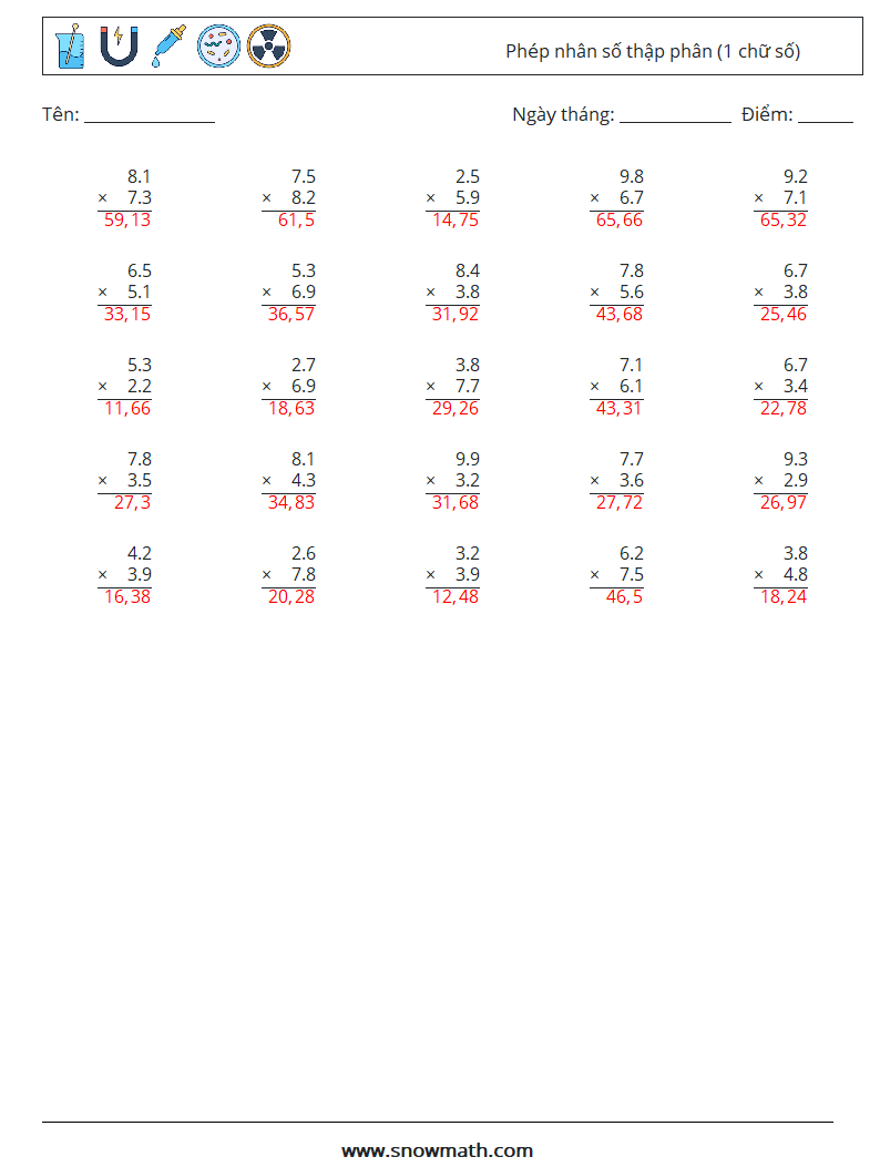 (25) Phép nhân số thập phân (1 chữ số) Bảng tính toán học 16 Câu hỏi, câu trả lời