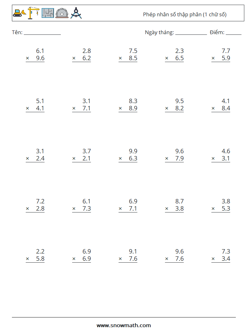 (25) Phép nhân số thập phân (1 chữ số) Bảng tính toán học 3