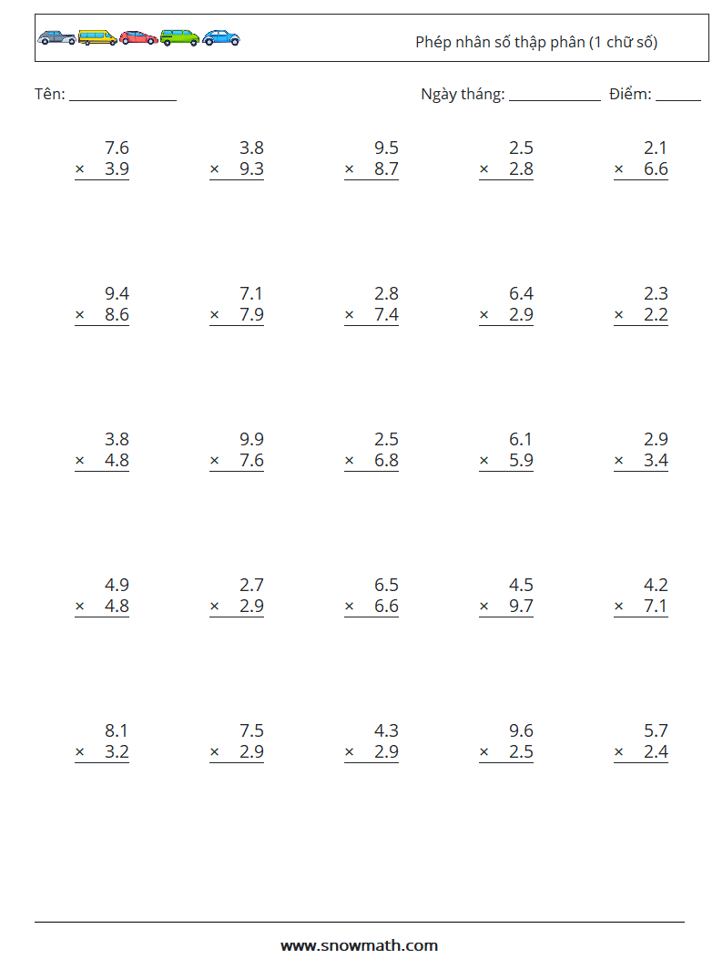 (25) Phép nhân số thập phân (1 chữ số) Bảng tính toán học 5