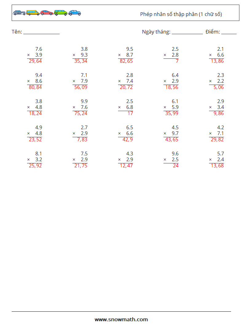(25) Phép nhân số thập phân (1 chữ số) Bảng tính toán học 5 Câu hỏi, câu trả lời
