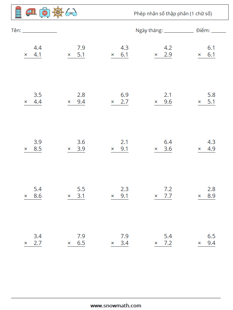 (25) Phép nhân số thập phân (1 chữ số) Bảng tính toán học 7