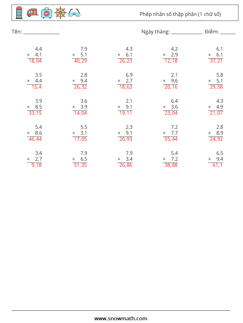 (25) Phép nhân số thập phân (1 chữ số) Bảng tính toán học 7 Câu hỏi, câu trả lời