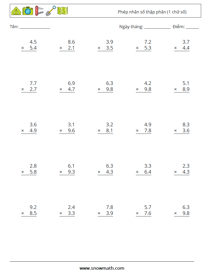 (25) Phép nhân số thập phân (1 chữ số) Bảng tính toán học 9
