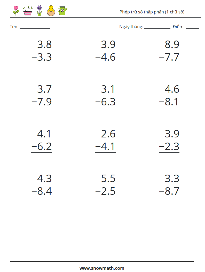 (12) Phép trừ số thập phân (1 chữ số) Bảng tính toán học 12