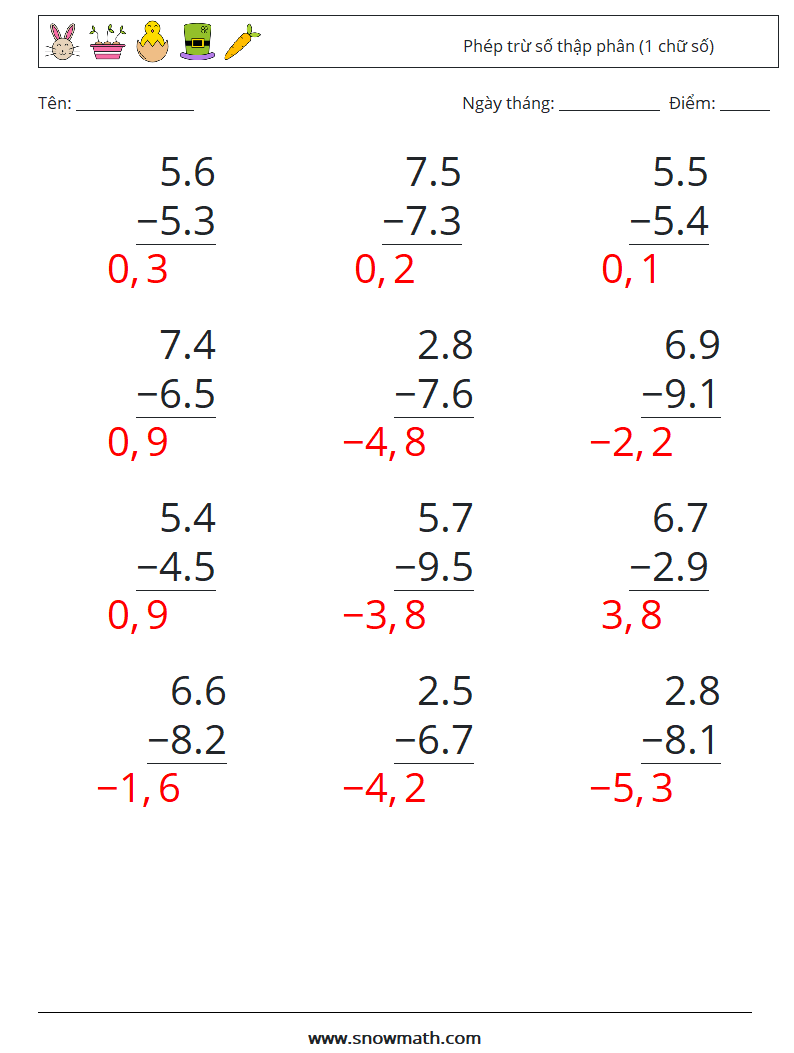 (12) Phép trừ số thập phân (1 chữ số) Bảng tính toán học 13 Câu hỏi, câu trả lời