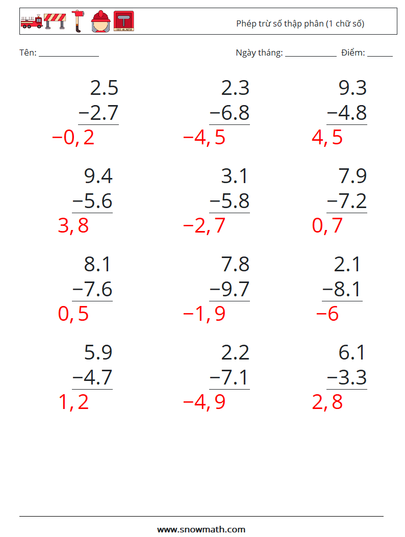 (12) Phép trừ số thập phân (1 chữ số) Bảng tính toán học 15 Câu hỏi, câu trả lời