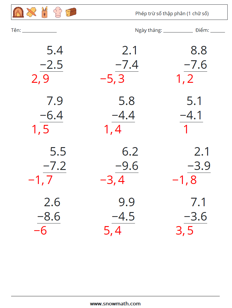 (12) Phép trừ số thập phân (1 chữ số) Bảng tính toán học 17 Câu hỏi, câu trả lời
