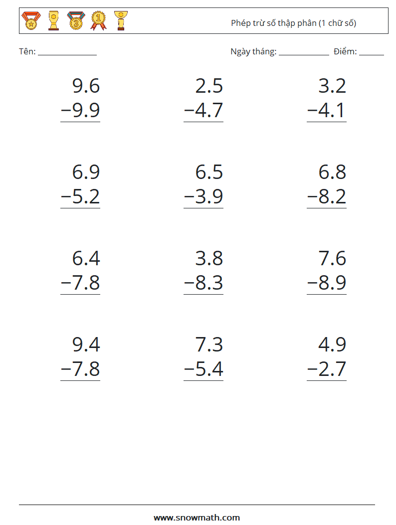(12) Phép trừ số thập phân (1 chữ số) Bảng tính toán học 2