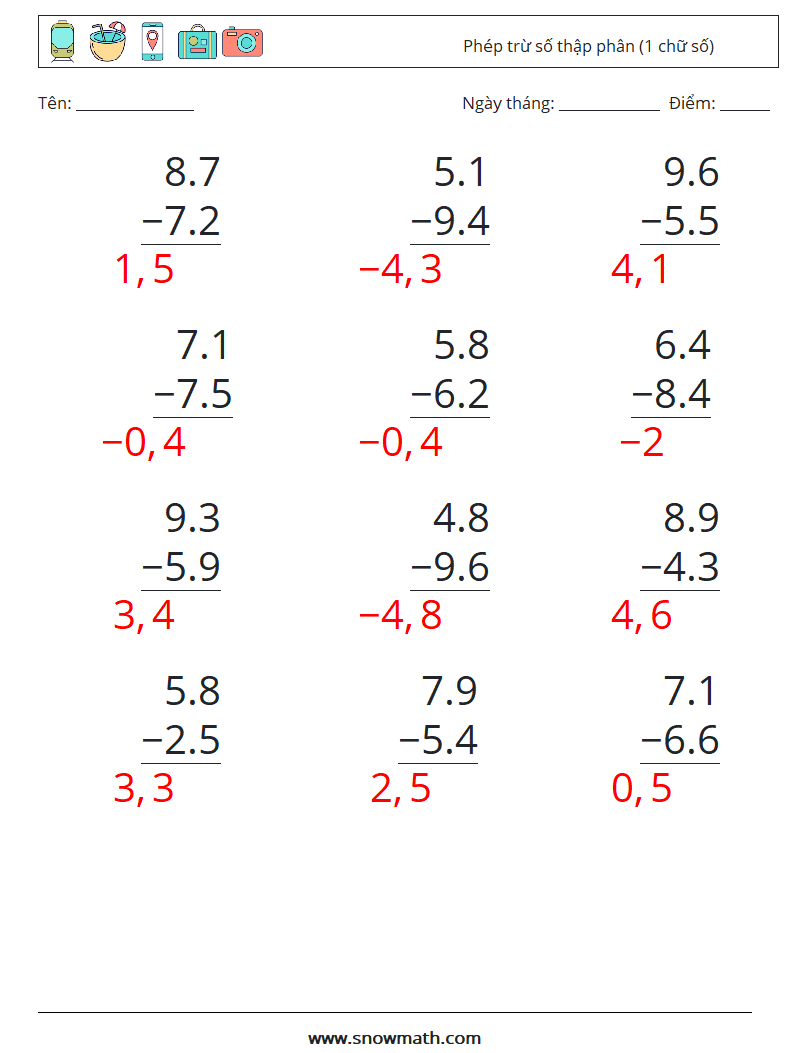 (12) Phép trừ số thập phân (1 chữ số) Bảng tính toán học 4 Câu hỏi, câu trả lời
