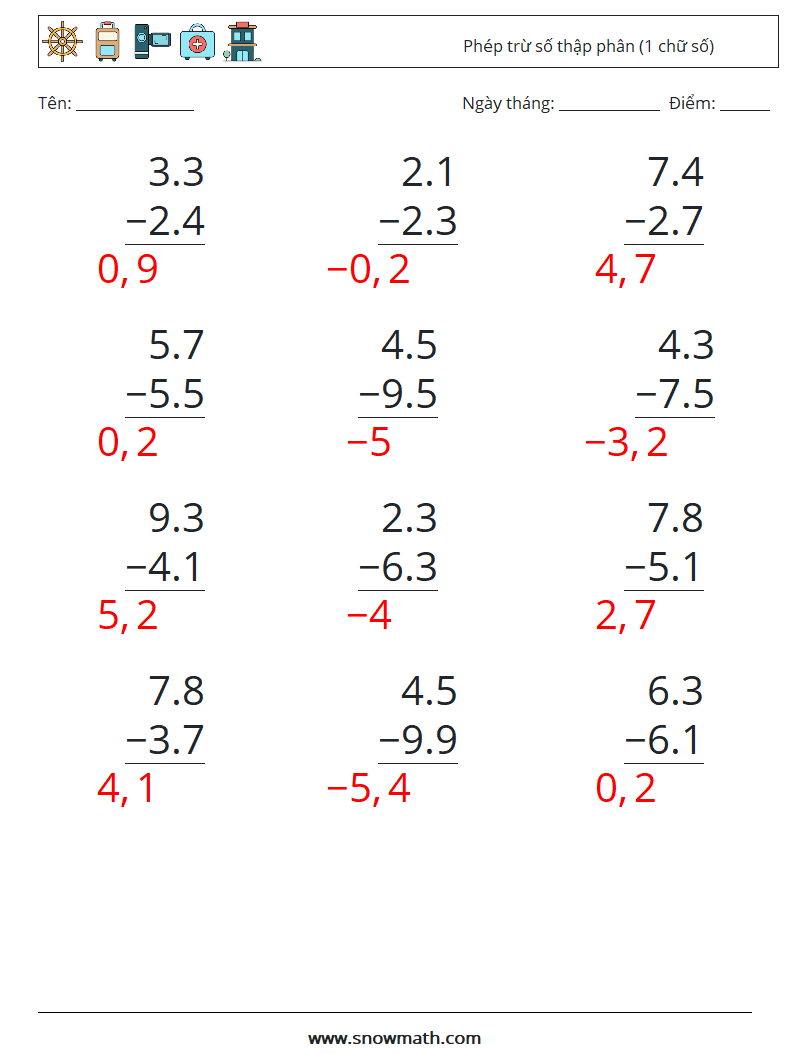 (12) Phép trừ số thập phân (1 chữ số) Bảng tính toán học 5 Câu hỏi, câu trả lời