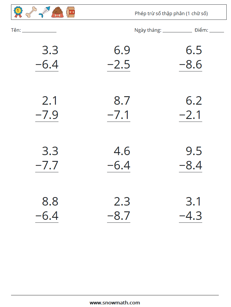 (12) Phép trừ số thập phân (1 chữ số) Bảng tính toán học 6