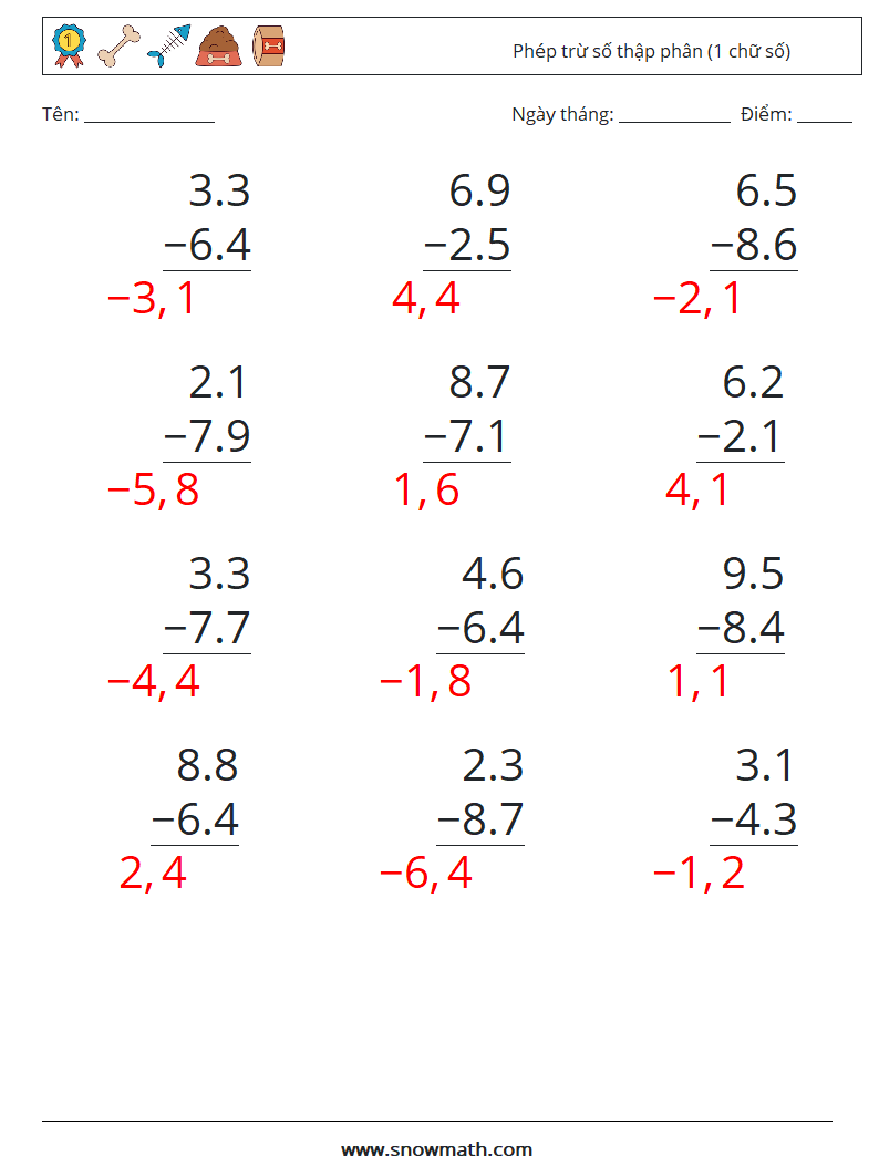 (12) Phép trừ số thập phân (1 chữ số) Bảng tính toán học 6 Câu hỏi, câu trả lời