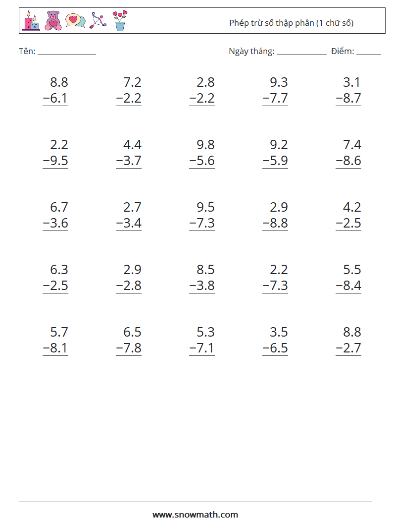 (25) Phép trừ số thập phân (1 chữ số) Bảng tính toán học 3