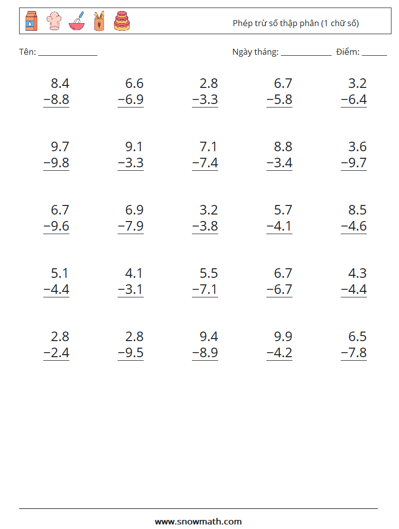 (25) Phép trừ số thập phân (1 chữ số) Bảng tính toán học 5