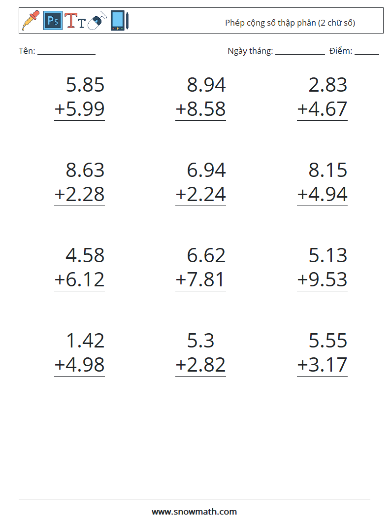 (12) Phép cộng số thập phân (2 chữ số) Bảng tính toán học 12