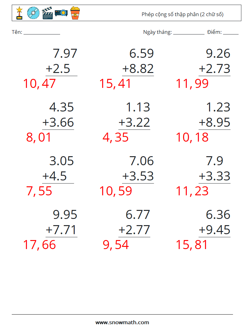 (12) Phép cộng số thập phân (2 chữ số) Bảng tính toán học 17 Câu hỏi, câu trả lời