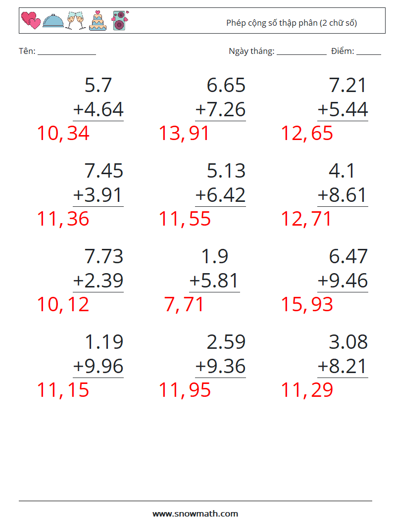 (12) Phép cộng số thập phân (2 chữ số) Bảng tính toán học 18 Câu hỏi, câu trả lời