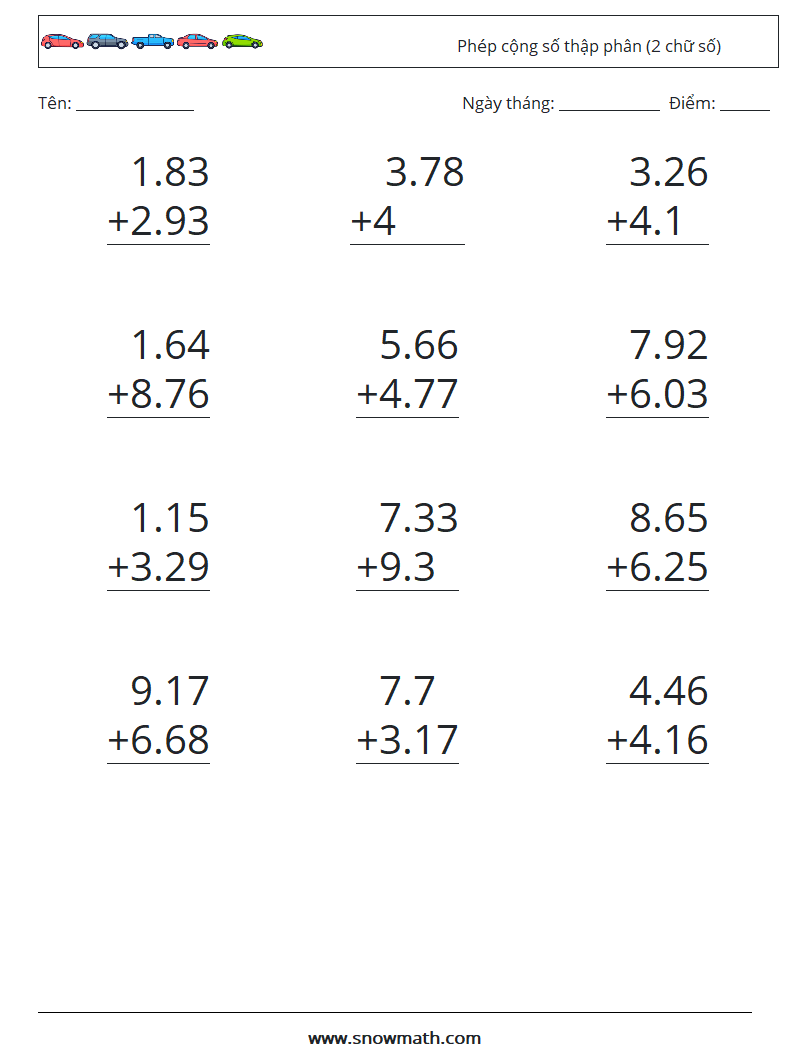 (12) Phép cộng số thập phân (2 chữ số) Bảng tính toán học 3