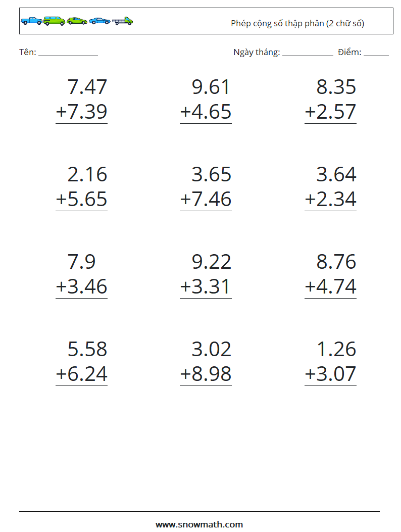 (12) Phép cộng số thập phân (2 chữ số) Bảng tính toán học 6