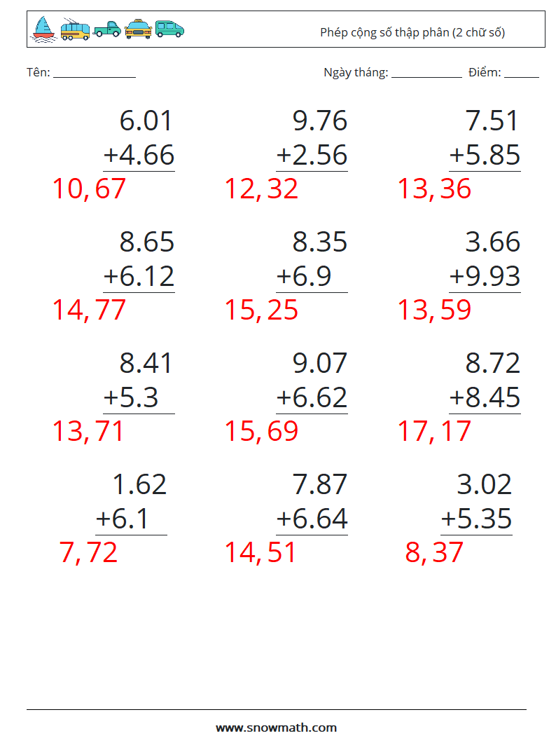(12) Phép cộng số thập phân (2 chữ số) Bảng tính toán học 7 Câu hỏi, câu trả lời
