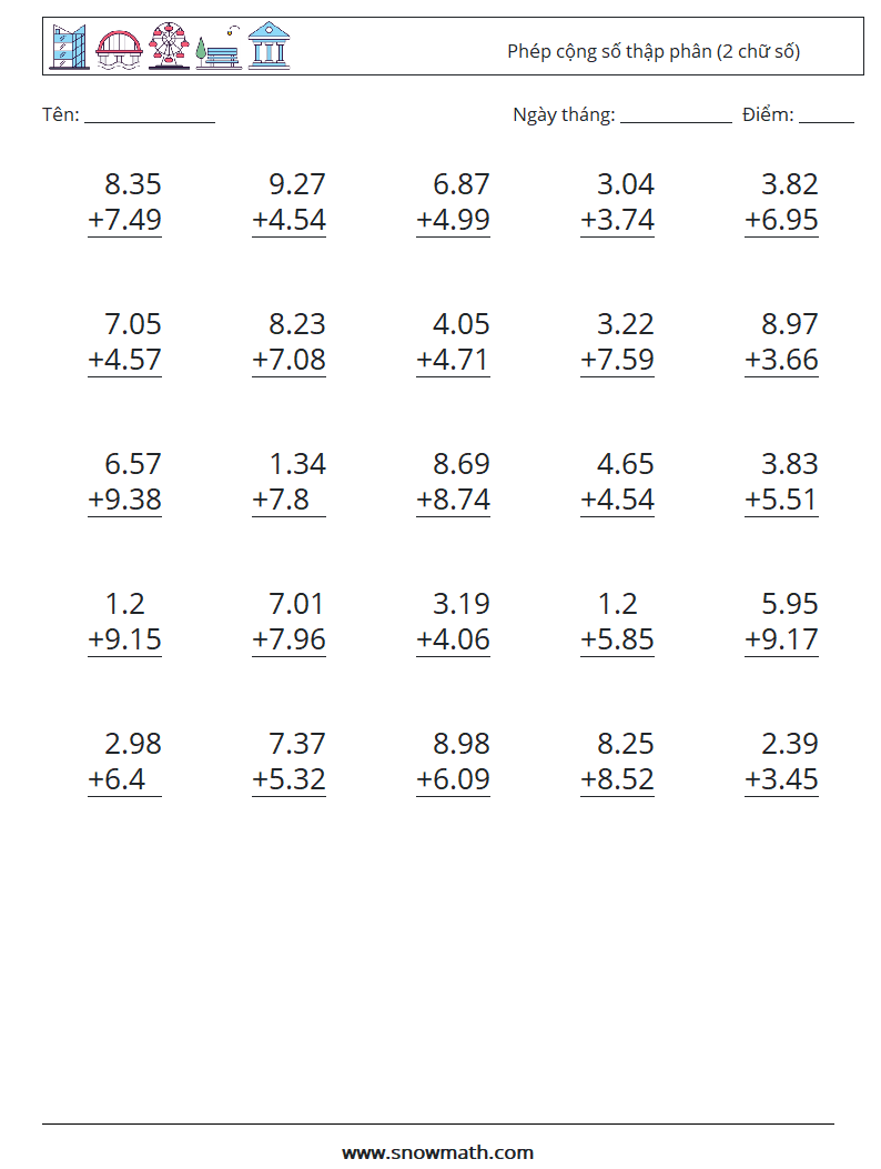 (25) Phép cộng số thập phân (2 chữ số) Bảng tính toán học 13